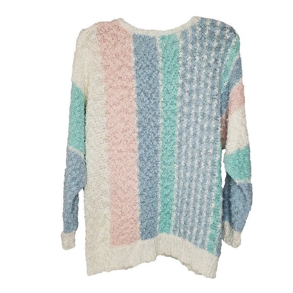 Vintage Striped Popcorn Sweater L Pastel Blue Pink Green Dolman Sleeve Grannie - Picture 3 of 6